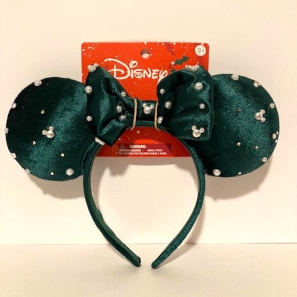 NWT Disney Minnie Mouse Holiday Christmas Ears Green Velvet Pearls Rhinestones - Picture 1 of 3